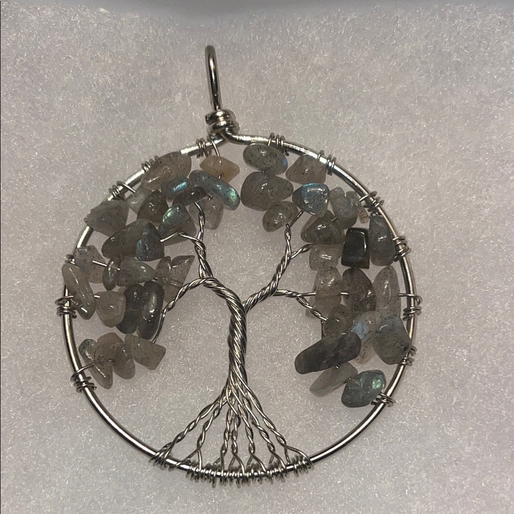 Tree of life pendant with stone labradorite chips.